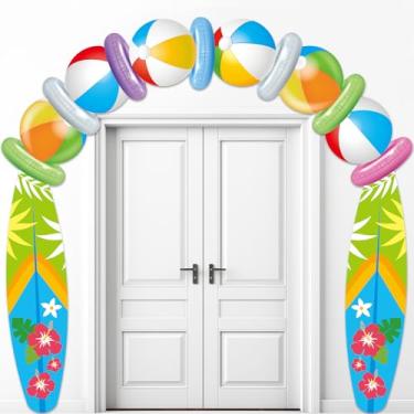 Imagem de Beach Ball Surfboard Porch Banner Summer Party Door Hanging Decoration Beach Theme Hanging Banner Backdrop Summer Hawaii Party Porch Sign for Birthday Tropical Pool Photo Booth Props Supplies