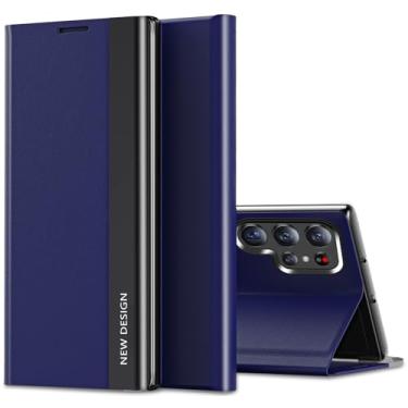 Imagem de Capa flip para Samsung Galaxy S23 Ultra Capa S View, galvanoplastia de luxo ultrafina para Samsung S23 Ultra, capa flip flip híbrida à prova de choque PU e PC S23 Ultra 6,8 polegadas Smartphone (azul)