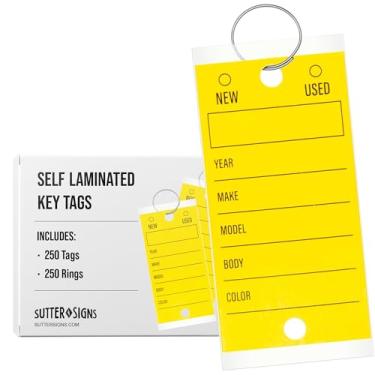 Imagem de 250 etiquetas de chave, etiquetas de plástico autoprotetoras com chaveiros para concessionárias, serviço automotivo, amarelo