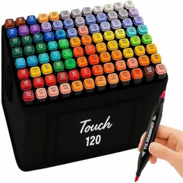 Imagem de Caneta Marcadora De Ponta Dupla Canetinha Marcador para Colorir Desenho Professional, Pontas Duplas, Codificados por Cores, Segurança Garantida Aquarela Material Escolar e Escritório (120)