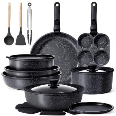 Imagem de GiPP Conjunto de panelas e frigideiras de cerâmica, antiaderente, com cabo removível, saudável, não tóxico, sem PFOA e PTFE, seguro para lava-louças e forno, panela e panela de indução, 21 peças