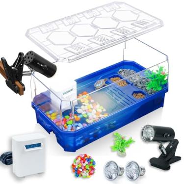 Imagem de Binano Kit de habitat para tanque de tartaruga aquática + filtro + lâmpada de calor que melhora a interação com visualização de 360°, filtragem independente, zona criativa DIY, vida enriquecida (azul,