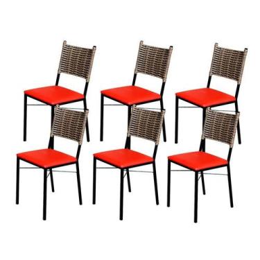 Imagem de Kit 6 Cadeiras Para Cozinha Preta Ratan Cappuccino Assento Estofado - 