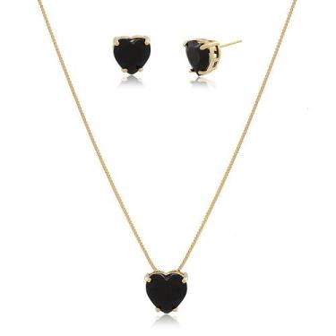 Imagem de Conjunto Brinco e Colar de Coração de Pedra Preta Banhado Ouro 18k - S