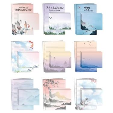 Imagem de Better Office Products - Conjunto de 100 mini artigos de papelaria japoneses (50 folhas forradas + 50 envelopes correspondentes, 14 x 21 cm, 9 desenhos, impressão dupla face, papel forrado em um lado)