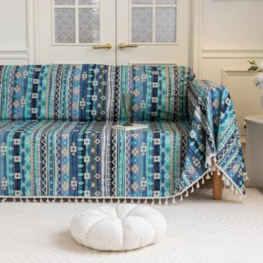 Imagem de Erbnaryx Capa de sofá Boho Capas de sofá borlas design para sofá seccional lavável 3 almofadas sofá sala de estar (A3, 180.3 cm x 381.0 cm)