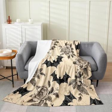 Imagem de Erosebridal Manta de flanela de morcego de teia de aranha bebê 76 x 101 cm retrô rosa folhas cobertor de lã floral gótico Halloween felpudo pelúcia jogada vida selvagem amarelo decoração de sala de