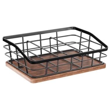 Imagem de Organizador de saquinhos de chá, suporte para saquinhos de chá com 6 compartimentos, cesta de arame de ferro com base de madeira, acessórios de barra de chá para gaveta de armário de bancada, estação