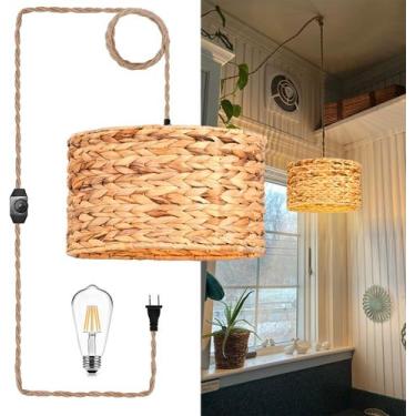 Imagem de Luminária pendente ZECOXOL Rattan Plug em Boho com interruptor reguláv