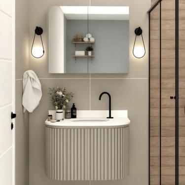 Imagem de Gabinete Banheiro Ripado 100cm C/ Curvo Cuba Ardósia Espelho - Rainha 