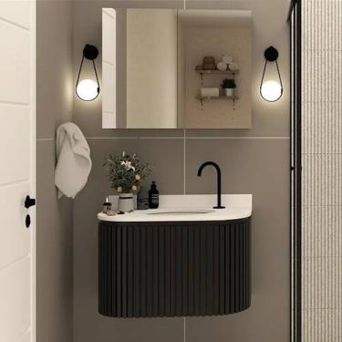 Imagem de Gabinete Banheiro Ripado 100cm C/ Curvo Cuba Ardósia Espelho - Rainha 