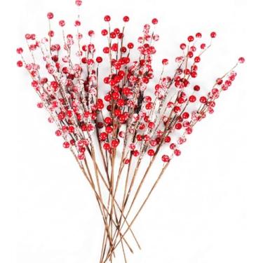 Imagem de 12 peças de hastes artificiais de frutas vermelhas 43 cm, borgonha vermelho neve fosco ramos de baga de azevinho galhos de árvore de Natal sprays