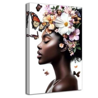 Imagem de ZXHYWYM Arte de parede de mulher negra pintura afro-americana mulher africana com flores de borboleta impressões abstratas em tela para decoração de quarto de menina emoldurada (30,5 cm x 45,7 cm)