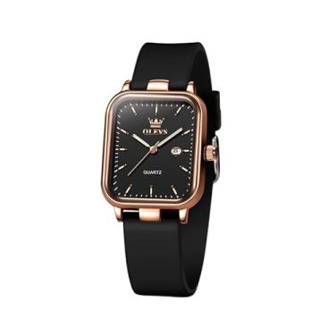 Imagem de OLEVS Relógio feminino de quartzo, mostrador quadrado, analógico, silicone, impermeável, clássico, design elegante, presente ideal para uso diário, Ouro rosa - B-7089