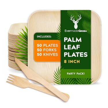 Imagem de EVERMADEGREEN Pratos de bambu descartáveis com talheres – Conjunto de pratos quadrados de 150 peças de 20 cm com 50 facas e garfos de madeira – Biodegradável amigo da natureza