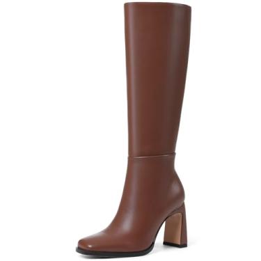 Imagem de Phefarer Botas de cano alto até o joelho para mulheres bico quadrado salto grosso botas altas outono inverno moda vestido botas longas, Marrom, 39