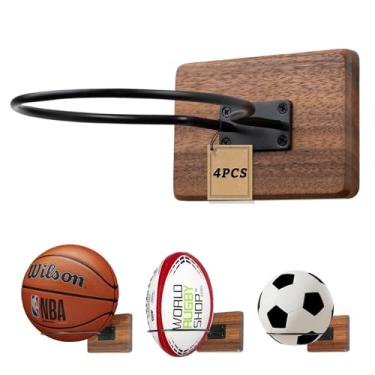 Imagem de Rovarahoom Suporte de parede de basquete, 4 peças de suporte de bola de madeira de acácia para armazenamento de autógrafos de futebol e vôlei, suporte de basquete para meninos, acessórios esportivos