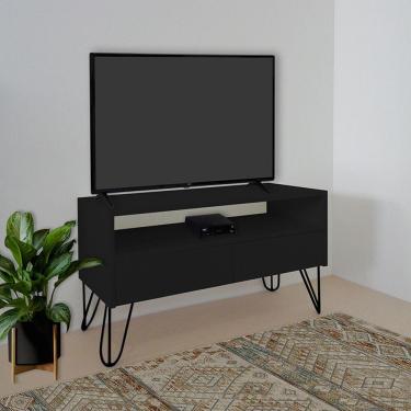 Imagem de Rack Para Tv Bancada Com Nicho E Gaveta Pés Hairpin Legs Estilo Industrial Preto Laca
