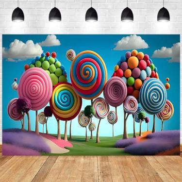 Imagem de Fundo de aniversário 3D Candyland desenho animado pirulito colorido montanha fantasia país das maravilhas doce fofo para crianças, 1º aniversário, fundo de bolo de vinil (azul, 2,4 x 1,8 m)