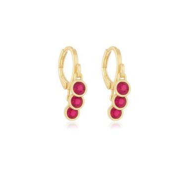 Imagem de Brinco Argola 3 Pontos de Luz Zircônia Rubi Banhado a Ouro - Lazzuli J