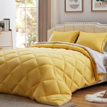 Imagem de NexHome Conjunto de edredom Queen amarelo e cinza, 3 peças, edredom leve, tamanho Queen, reversível, conjunto de cama alternativo, cobertor de cama (203 x 203 cm, edredom e 2 fronhas)