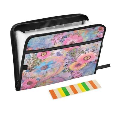 Imagem de Wassud Acordeão de flores, organizador de arquivos, letras A4, pastas de papel, organizador de documentos, fólio com etiquetas, pasta de arquivos expansível, 13 bolsos