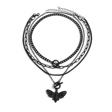 Imagem de RTY Gargantilha gótica preta esqueleto mariposa punk corrente clipe de papel em camadas OT fecho colar hippie joia presente, one size, Zinco, Sem Pedra Preciosa