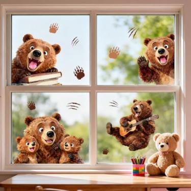 Imagem de ANATTASOUL Adesivos de janela estática Urso marrom engraçado 1 folha reutilizável decalques de janela para vidro, 120 cm x 30 cm adesivo de janela dupla face removível para quarto, escritório