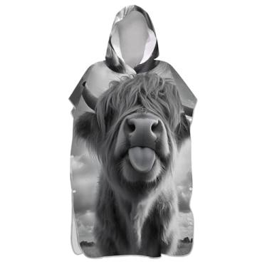 Imagem de TSENQUE Roupão com capuz de secagem rápida para adultos toalha de praia floral preto branco vaca highland engraçado ponchos de praia para homens