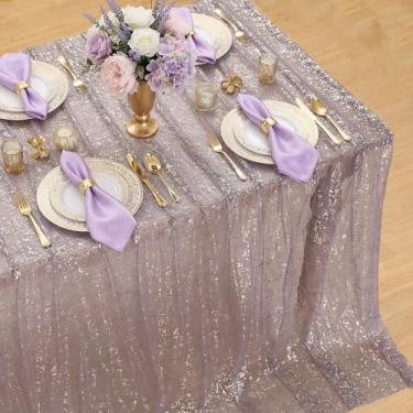 Imagem de Horaldaily Toalha de mesa dourada roxa acinzentada retangular 152 x 213 cm, folha metálica com glitter de lantejoulas douradas, gaze de tule transparente para casamento, chá de bebê, cerimônia de