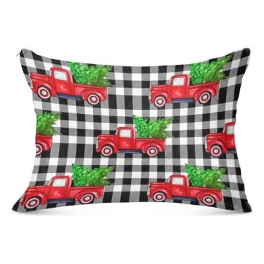 Imagem de Red Trucks Fronha decorativa xadrez de árvores de Natal com zíper King Queen Capa de almofada fofa para decoração de cama de casa, tamanho Queen, 50,8 cm x 76,2 cm