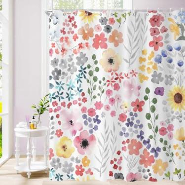 Imagem de GCIREC Cortina de chuveiro floral rosa, primavera linda aquarela flores silvestres plantas botânicas cortina de banheiro decoração de casa de banho tecido impermeável lavável na máquina com 12 ganchos