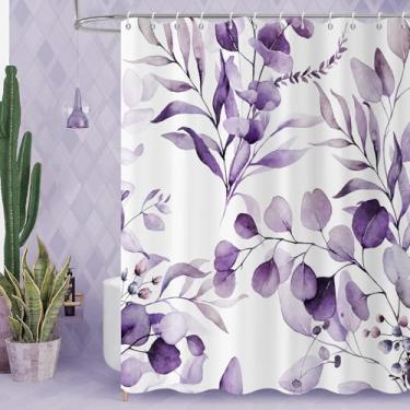 Imagem de GCIREC Cortina de chuveiro roxa, folhas de eucalipto aquarela plantas botânicas com cortina de banheiro floral decoração de casa de banho tecido impermeável lavável na máquina com 12 ganchos, 182 cm L