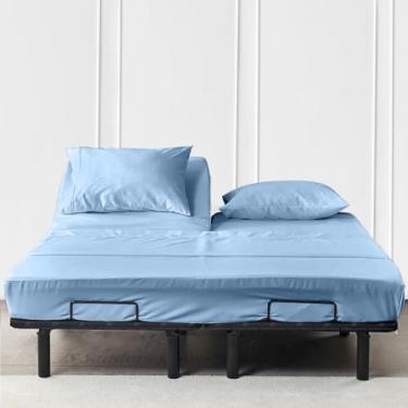 Imagem de JS Sanders Collection Lençóis Cal-King 600TC Flex Top para Dormir Cama Numérica - 100% algodão, 4 peças, lençóis divididos na parte superior para cama ajustável, Cal-King 91 cm Azul claro 45,7 cm de