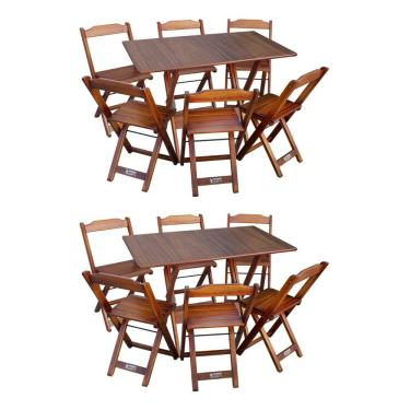 Imagem de Kit 2 Conjuntos De Mesa Dobráveis De Madeira 70x110cm Com 6 Cadeiras Imbuia