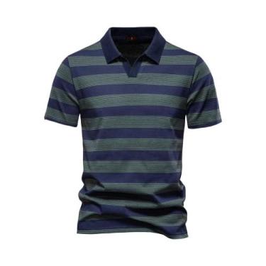 Imagem de Camisas Polo Masculinas De Verão Com Listras E Decote Em V, Algodão Re