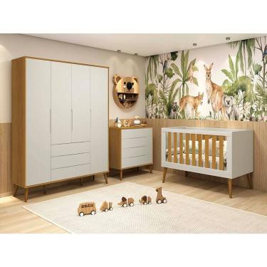 Imagem de Kit Quarto Infantil Elfe Areia Fosco e Savana - Cômoda 4 Gavetas + Guarda-Roupa + Berço Noah com Pés Retrô em Madeira