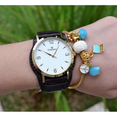 Imagem de Relogio Champion Dourado Couro Cn20328w + Pulseira Berloque