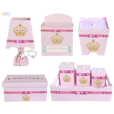 Imagem de Kit Higiene Bebê Menina Coroa Princesa Com 8 Peças Em Madeira Mdf Deco
