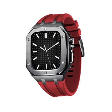 Imagem de KAPPDE Capa de metal militar para Apple Watch Series 7 SE 6 5 4 Capa protetora de metal com pulseira de silicone amortecedor à prova de choque 45mm 44mm (Cor: preto vermelho, Tamanho: 45MM para 7)