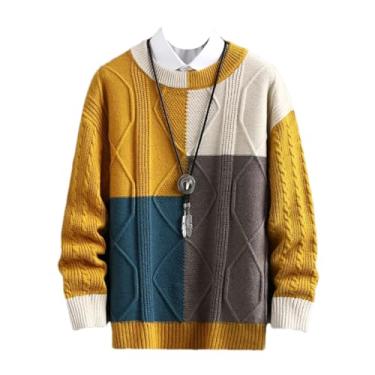 Imagem de Pulôver masculino de inverno gola redonda manga longa suéter quente grosso pulôver fino casual tricô masculino, Amarelo, X-Large