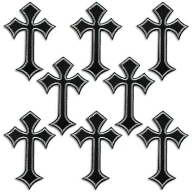 Imagem de Remendos cruzados ferro sobre bordado cruz aplique patch, adesivos de decoração DIY para roupas jeans jaquetas mochilas chapéus camisas (8 peças preto prata)