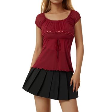 Imagem de Camiseta feminina transparente renda flor crochê manga cavada corte baixo cordão camiseta top tubo top, Vermelho, G