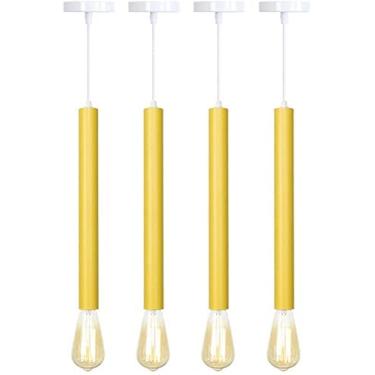 Imagem de Lâmpada de lustre moderno LED, luzes pendentes amarelas 4 pacotes de luz pendente de cor Macaron moderna, luminária de teto suspensa cilíndrica LED ajustável, iluminação pendente reta MI NI compatível