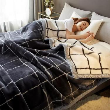 Imagem de Cobertor de lã pesado, cobertor de cama Raschel reversível de 2 camadas, cobertor de vison coreano estampado de flanela quente ultramacio de inverno, B, 150 x 200 cm (59 x 79 polegadas)