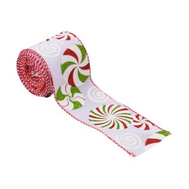 Imagem de Vaveren Fita de Natal com borda de arame de hortelã-pimenta de 2,5 polegadas de largura Fita de Natal Fita de serapilheira para guirlanda de artesanato DIY, Style C