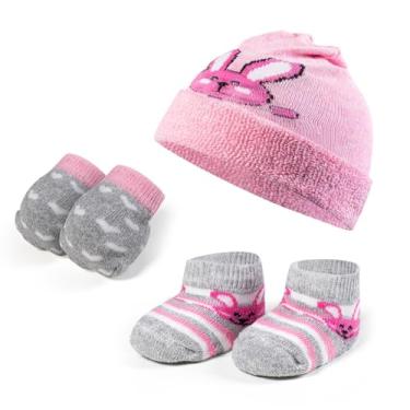 Imagem de Kit Recém Nascido Maternidade Enxoval Meia, Touca E Luva para Meninos e Meninas (Cinza/Rosa, Recém Nascido)