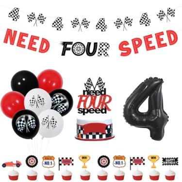 Imagem de kreat4joy Need Four Speed Birthday Decorations, Race Car 4th Birthday Party Decorations Banner Cake Cupcake Toppers Checkered Flag Banner Number 4 Foil Balloons for 4th Boy Birthday Decorations