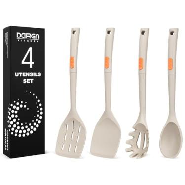 Imagem de Espátulas de silicone e colheres de espaguete, pacote com 4, conjunto completo de utensílios de cozinha resistentes ao calor, colheres de espátula de cozinha grandes antiaderentes para cozinhar