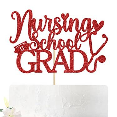 Imagem de Topo de bolo de graduação da escola de enfermagem, Congrats Nurse/BSN/RN decoração de bolo, suprimentos de decoração de festa de formatura médica 2025, glitter vermelho